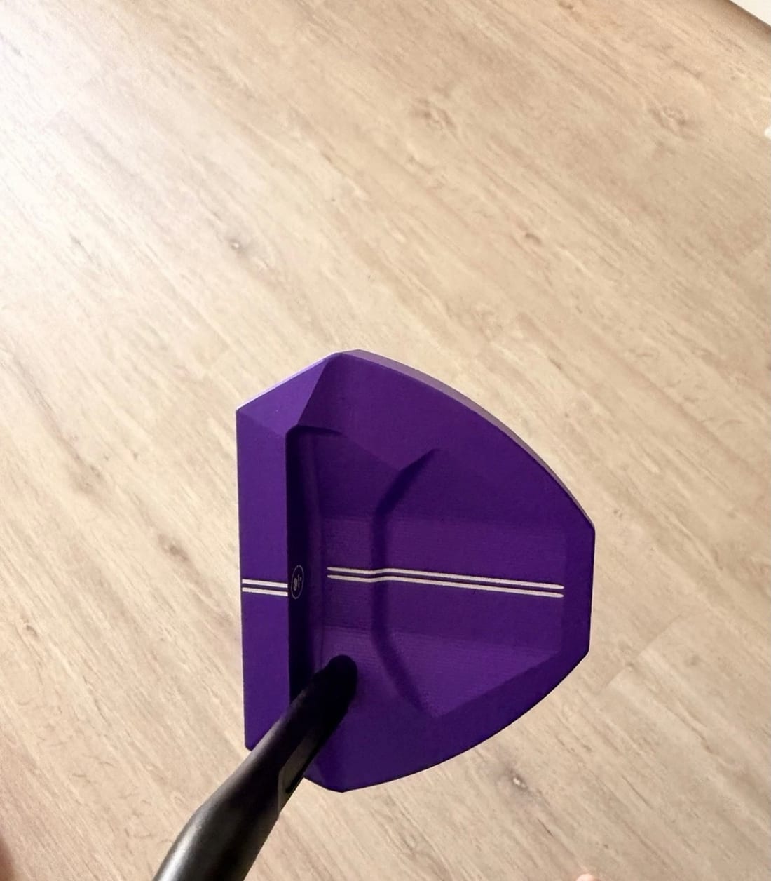 Custom purple L.A.B. OZ.1i HS putter at address — twin alignment lines on the mallet head
